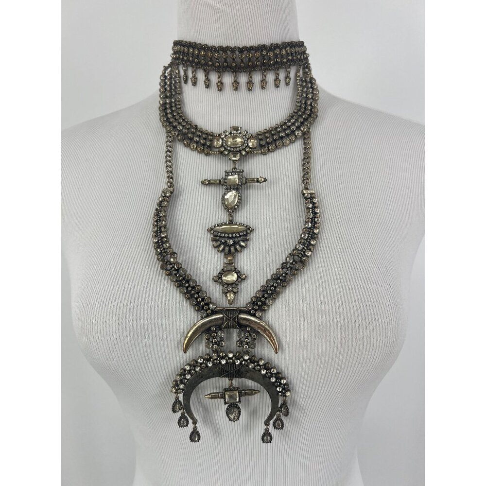 Free People Multilayered Antiqued Silver & Rhinestone Necklace - Picture 4 of 16